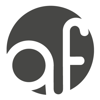 A dark circular logo with the lowercase letters a and f combined in a modern, stylized green font, with the f extending upward and curving over the circle’s edge.
