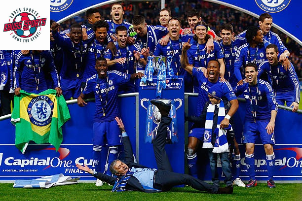 Chelsea celebrating celebrating their trophy