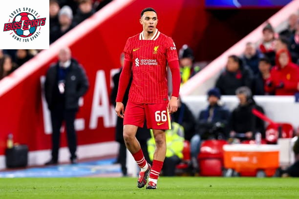 A high-quality action shot of Trent Alexander-Arnold, wearing his Liverpool kit, sprinting down the right flank with intense focus