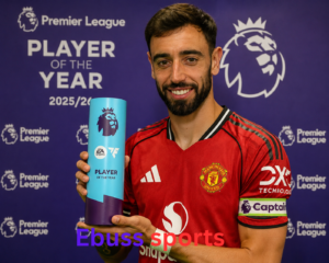 Bruno Fernandes 2026 Footballer of the Year holding the award in a Manchester United shirt