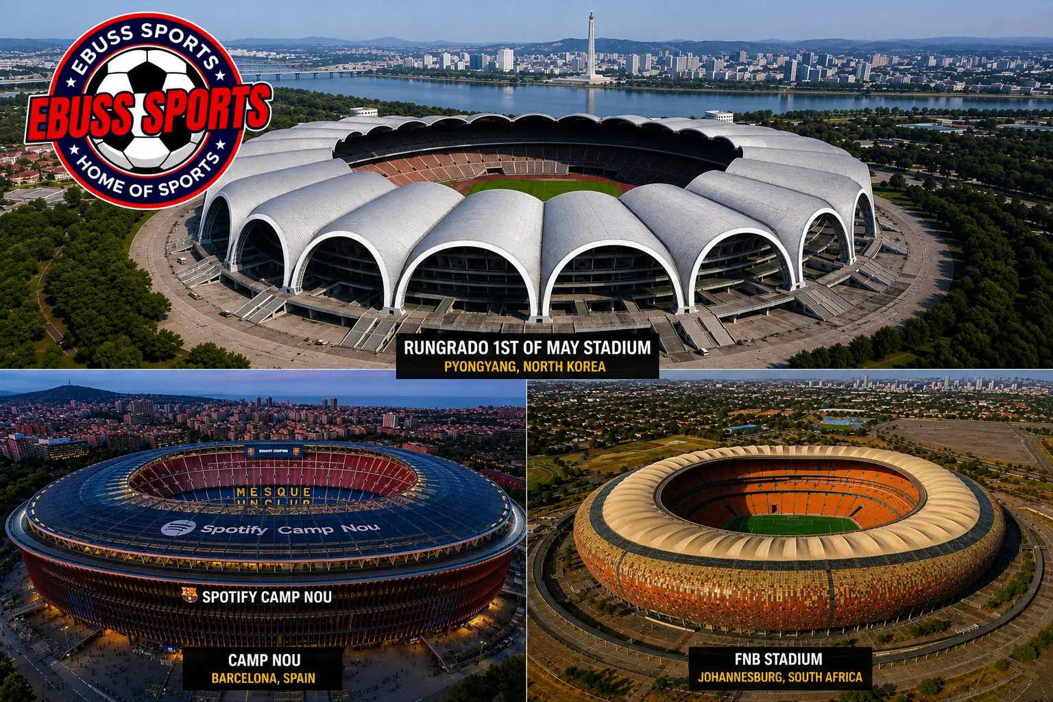 Collage of the top three biggest football stadiums
