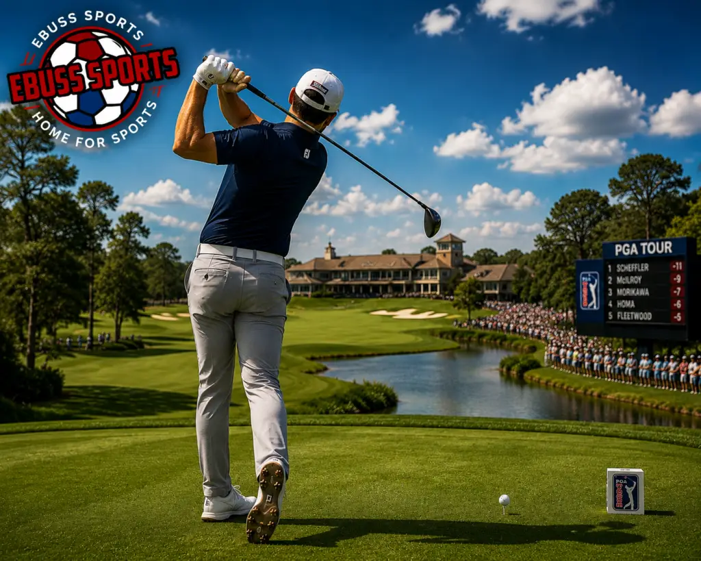 Golfer taking a controlled swing on a championship course