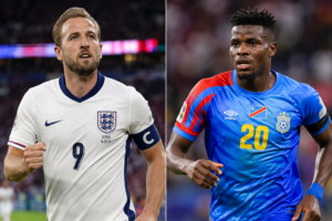 England defeat DR Congo 2–1 with Harry Kane and a Congolese striker pictured