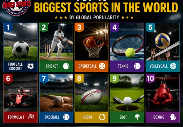 Top 10 biggest sports in the world featuring popular global sports including football, cricket, basketball, tennis, volleyball, Formula 1, baseball, golf, rugby and boxing