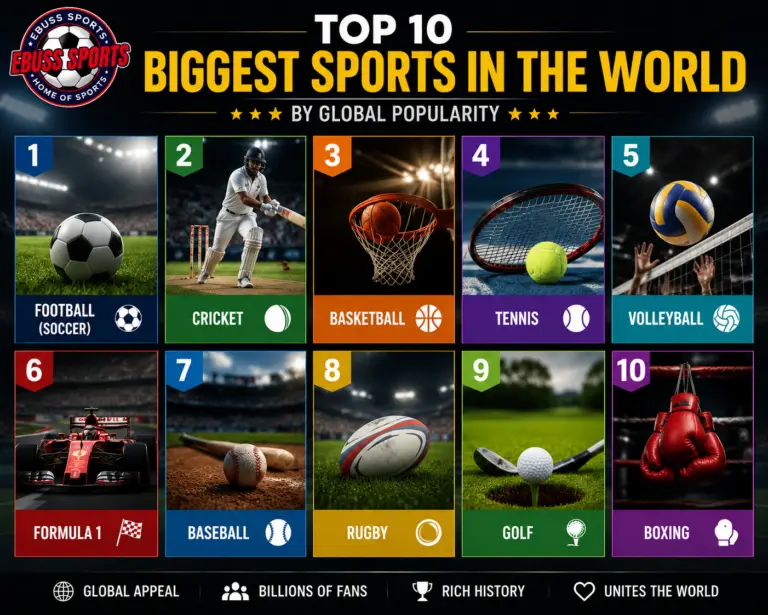 Top 10 biggest sports in the world featuring popular global sports including football, cricket, basketball, tennis, volleyball, Formula 1, baseball, golf, rugby and boxing