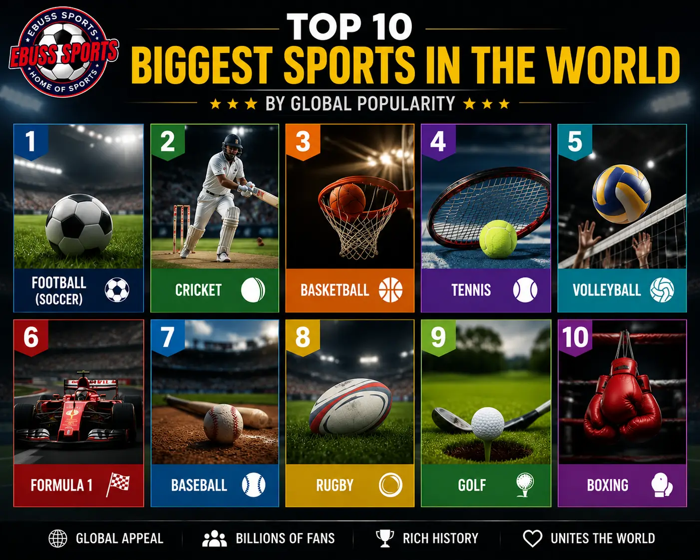 Top 10 biggest sports in the world featuring popular global sports including football, cricket, basketball, tennis, volleyball, Formula 1, baseball, golf, rugby and boxing
