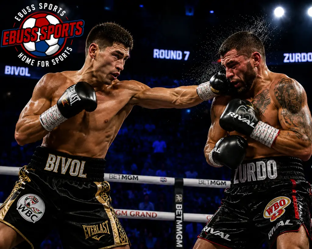 Two professional boxers exchanging punches inside a championship ring